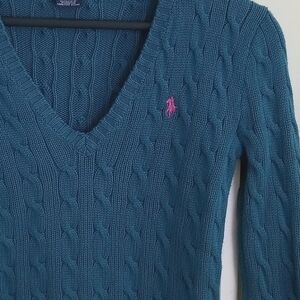 Ralph Lauren Sport Teal Cotton Cable V-neck Sweater, EUC, S.